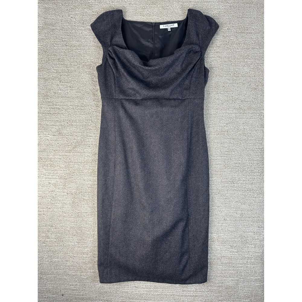 LK Bennett London Grey Herringbone Wool Blend Cowl Neck Sheath Dress Size 10